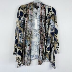 Jerry T Cardigan Sweater Medium Printed Chiffon Trim Open Front